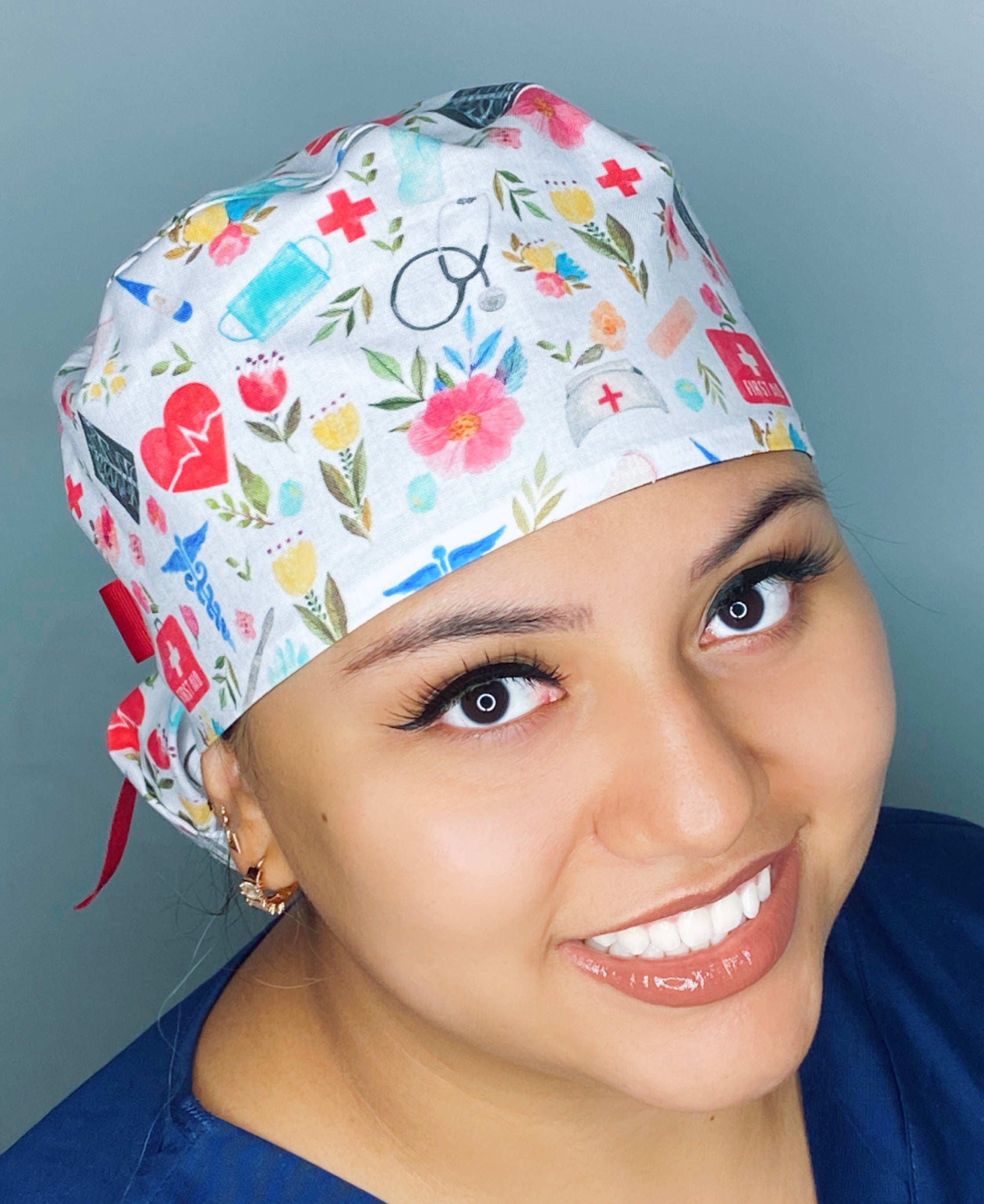 Floral Watercolor White Floral Medical Themed Design Ponytail