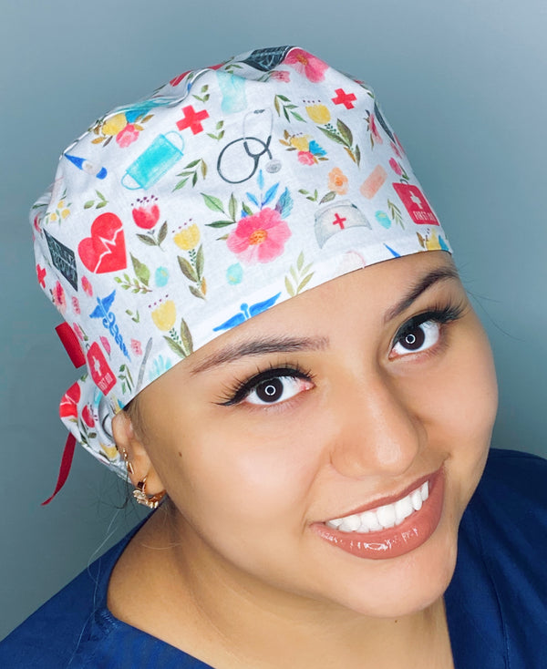 Floral Watercolor White Floral Medical Themed Design Ponytail