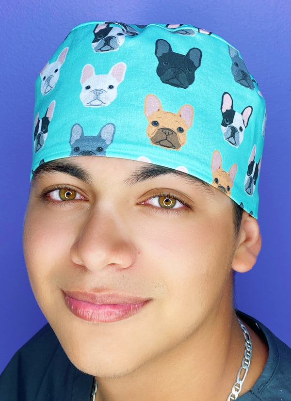 French Bulldogs All Over Aqua Unisex Animal Scrub Cap