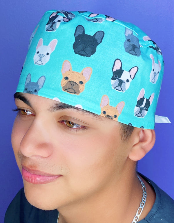 French Bulldogs All Over Aqua Unisex Animal Scrub Cap