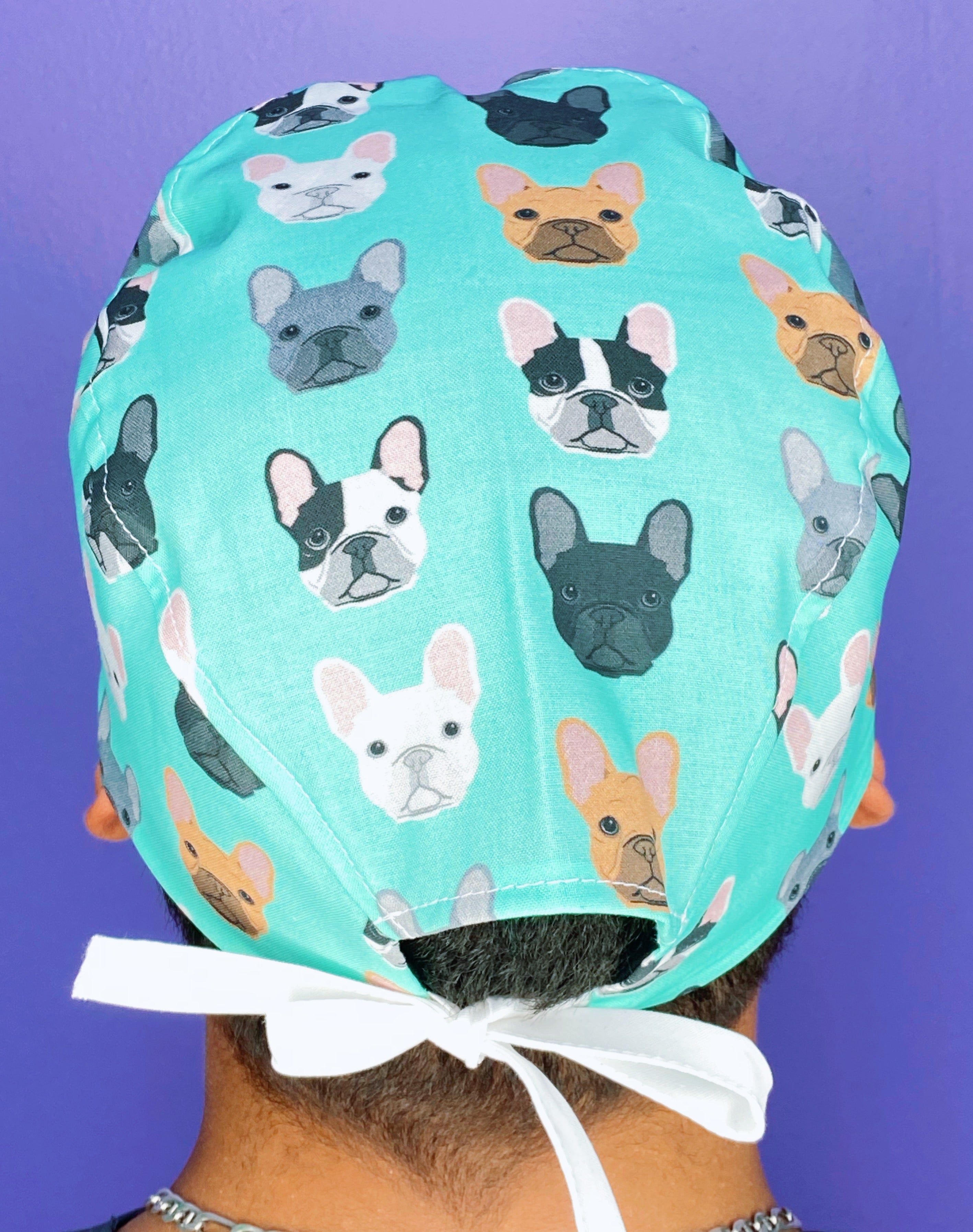 French Bulldogs All Over Aqua Unisex Animal Scrub Cap