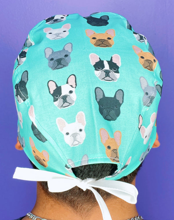 French Bulldogs All Over Aqua Unisex Animal Scrub Cap