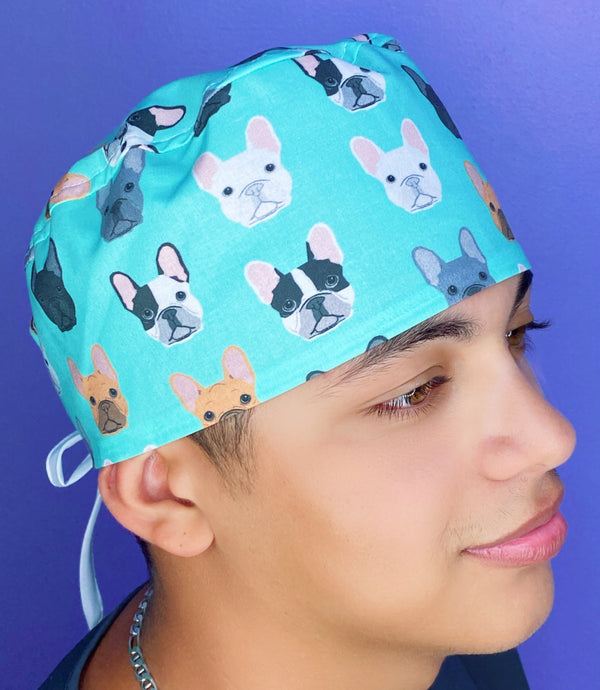 French Bulldogs All Over Aqua Unisex Animal Scrub Cap