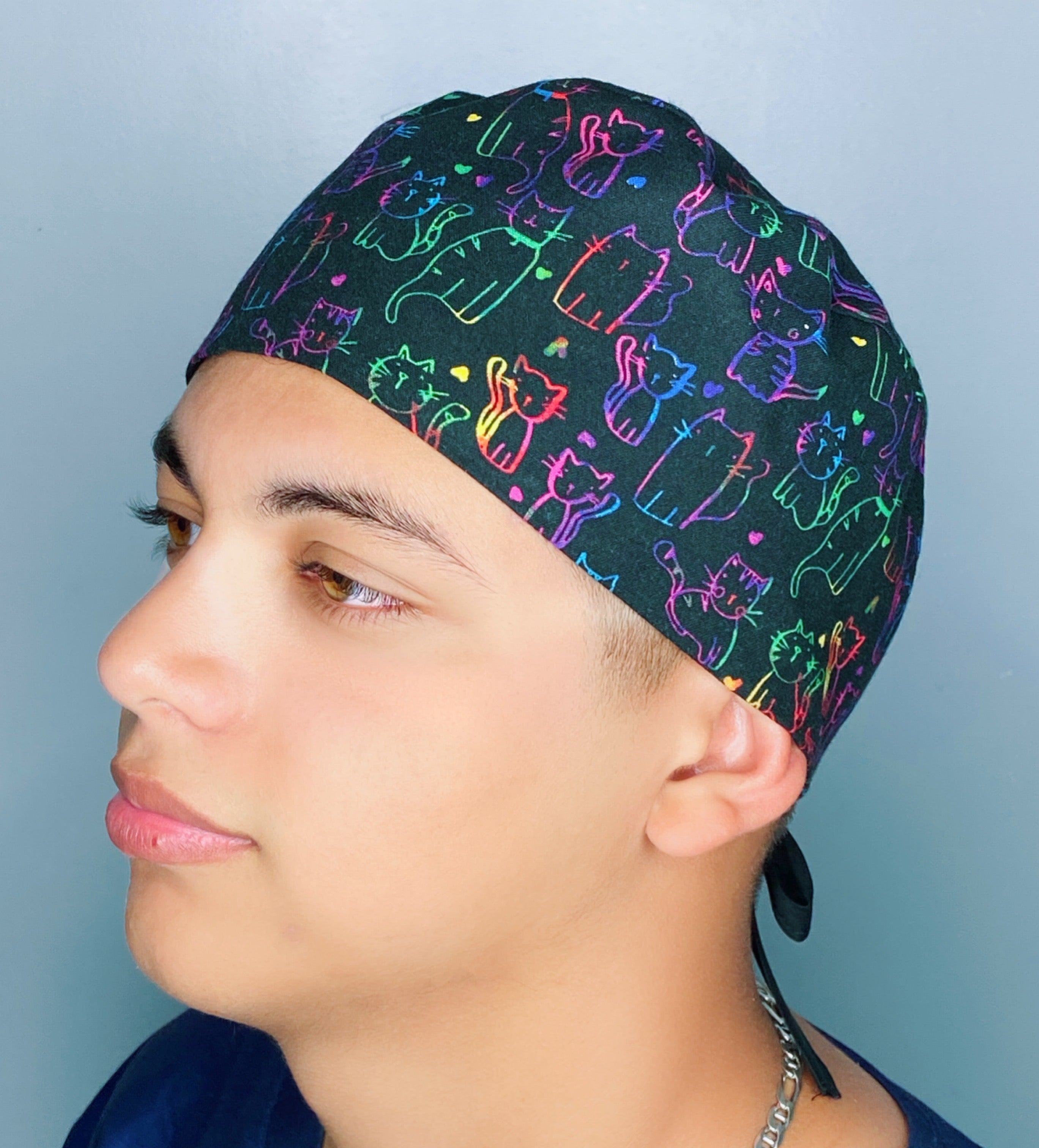 Neon Colored Cat Doodles on Black Unisex Animal Scrub Cap