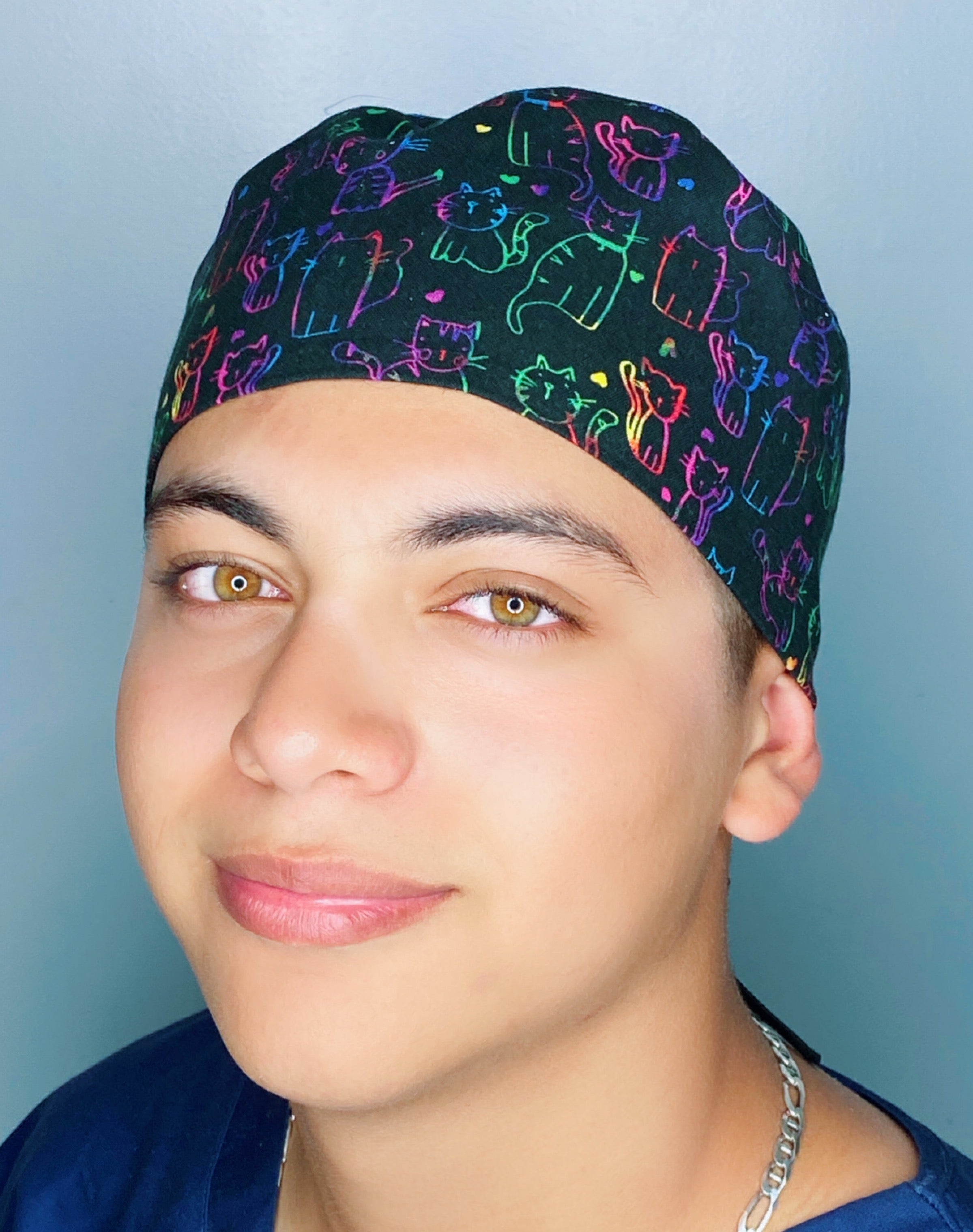 Neon Colored Cat Doodles on Black Unisex Animal Scrub Cap