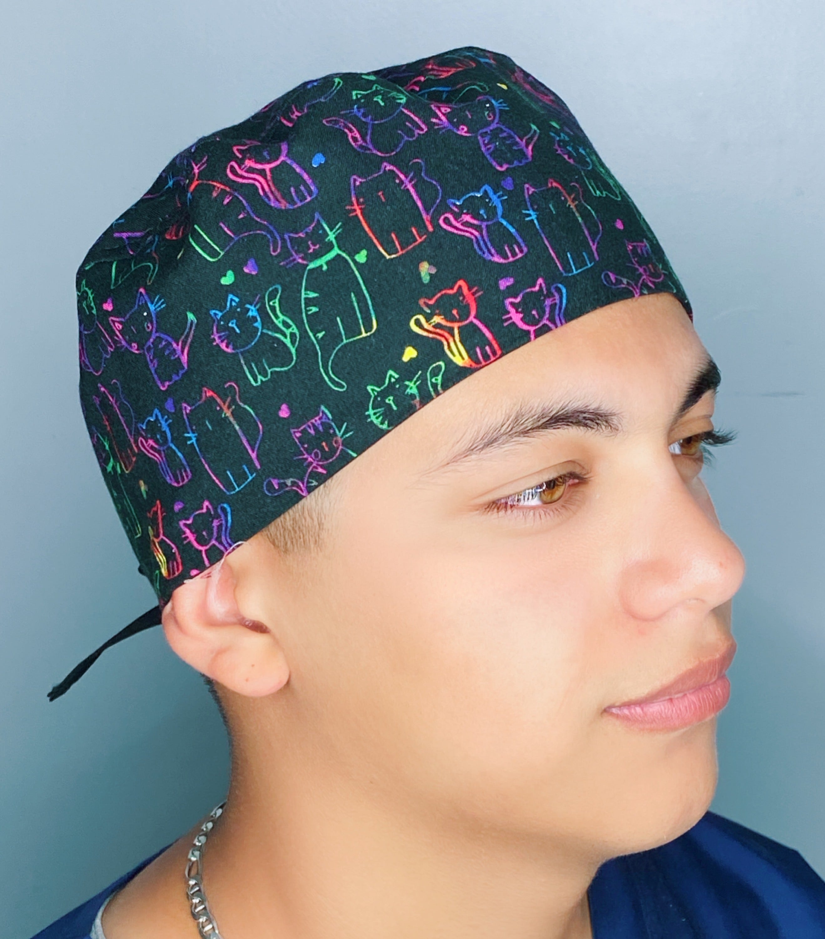 Neon Colored Cat Doodles on Black Unisex Animal Scrub Cap