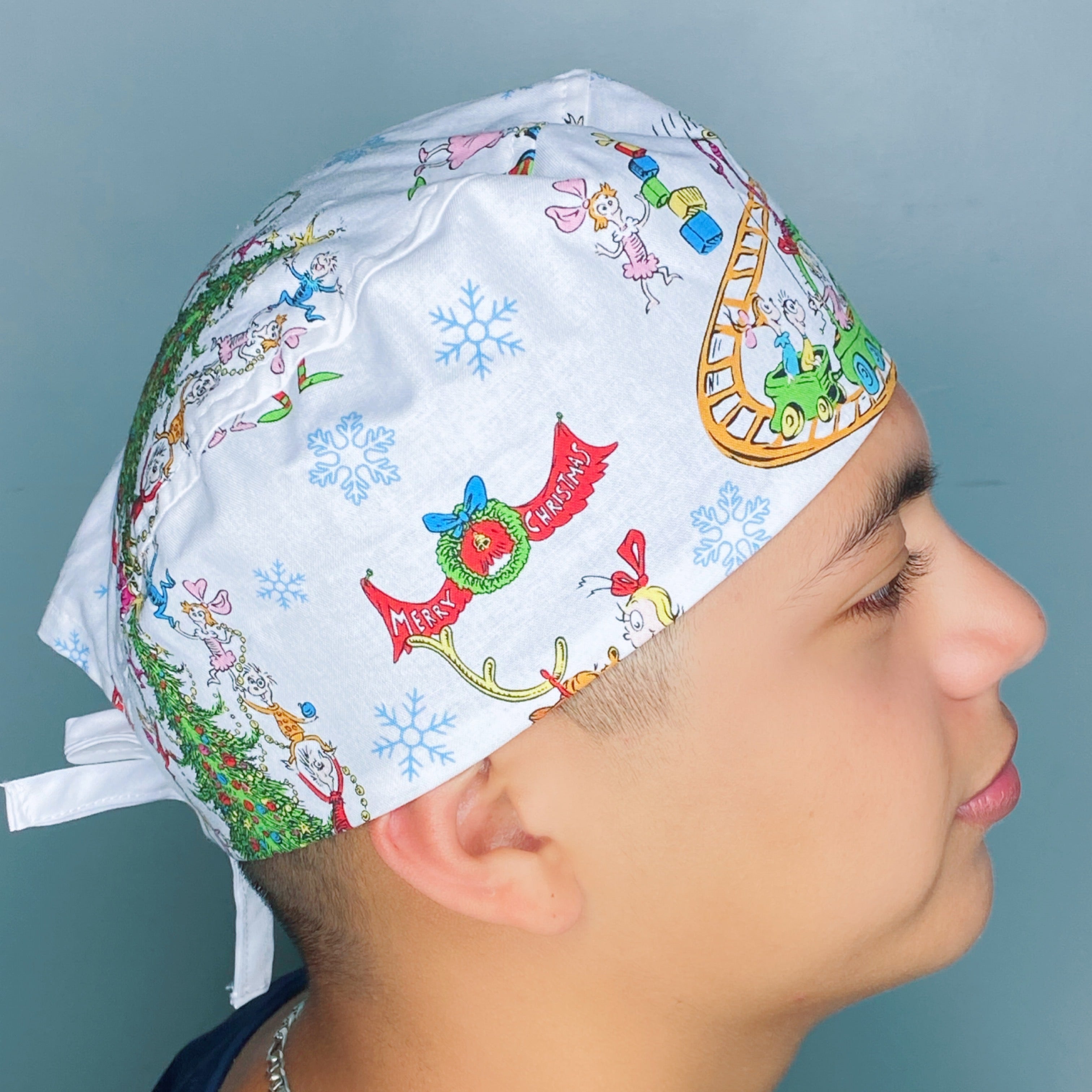 A Whoville Grinchmas Christmas/Winter themed Unisex Holiday Scrub Cap