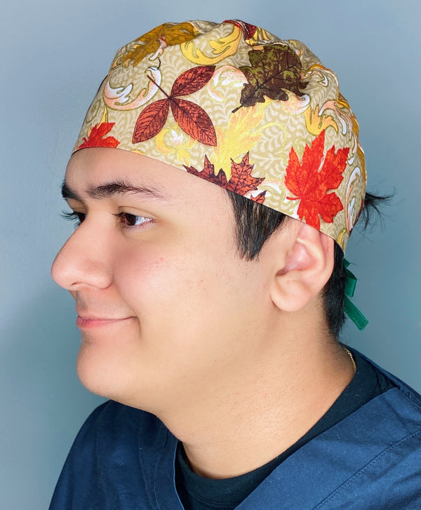 Metallic Fall Leaves Thanksgiving themed Unisex Holiday Scrub Cap