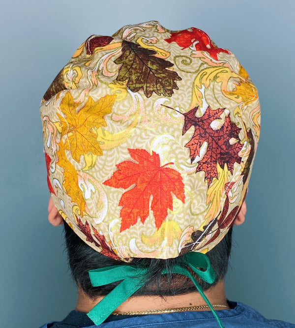 Metallic Fall Leaves Thanksgiving themed Unisex Holiday Scrub Cap