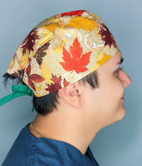 Metallic Fall Leaves Thanksgiving themed Unisex Holiday Scrub Cap