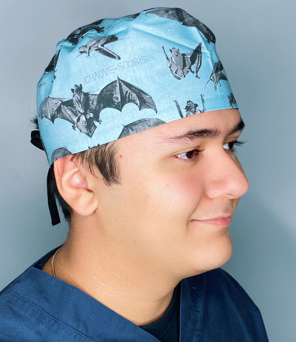 Black Bats on Blue Halloween Unisex Holiday Scrub Cap