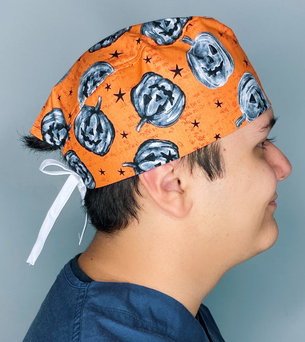 Grey Pumpkins on Orange Halloween Unisex Holiday Scrub Cap