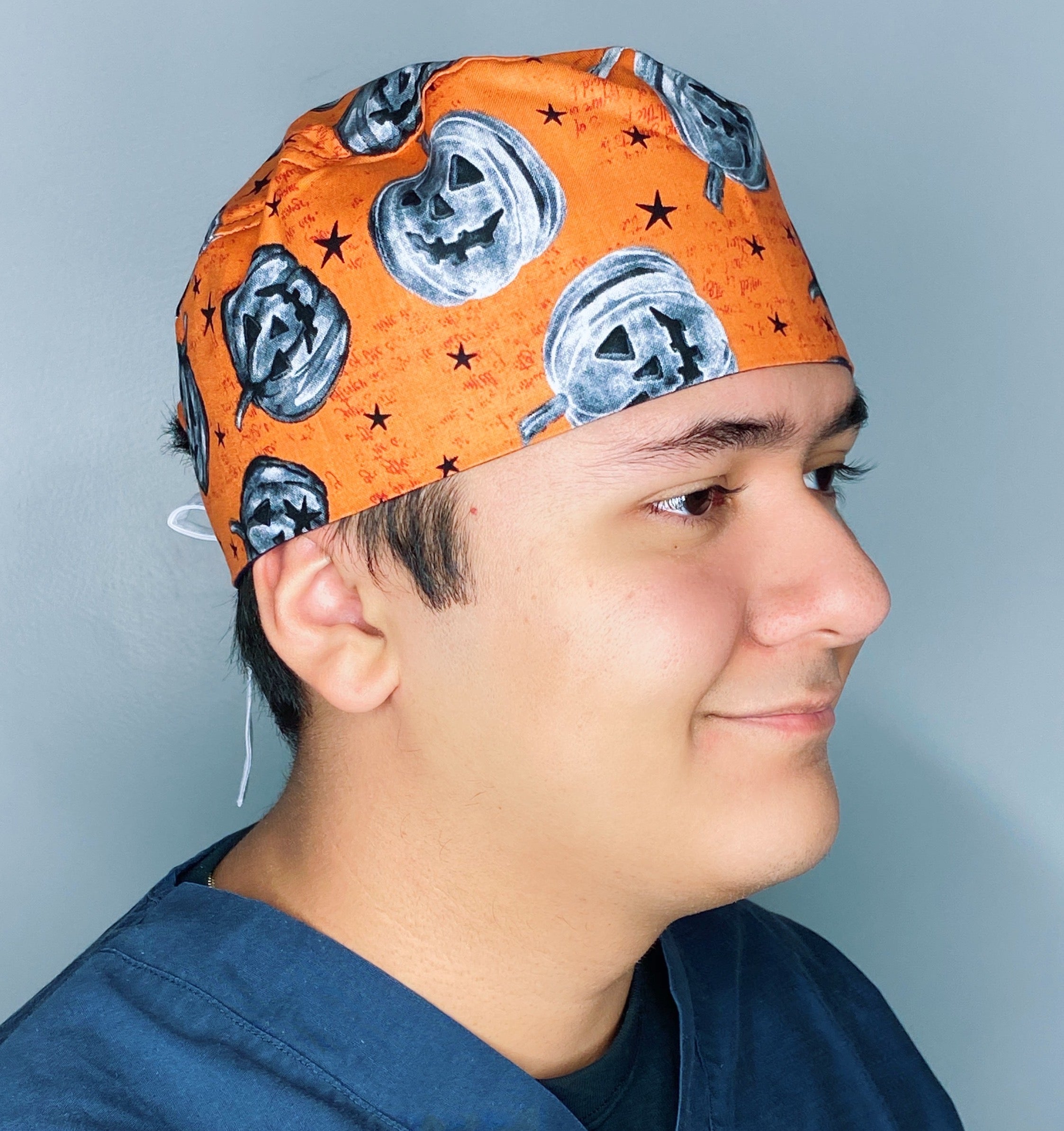 Grey Pumpkins on Orange Halloween Unisex Holiday Scrub Cap