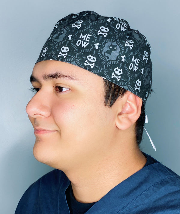 Meow Cats Skull & Bones Design Halloween Unisex Holiday Scrub Cap