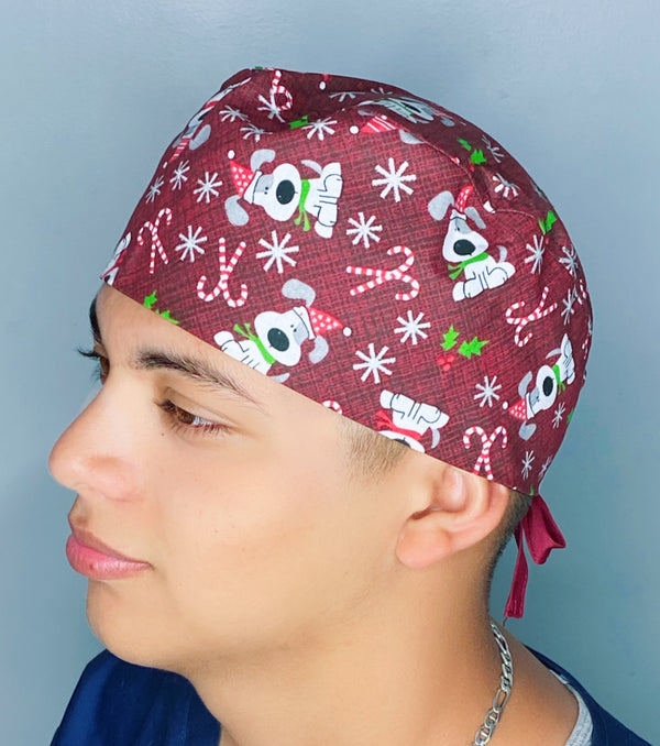 Festive Pups on Red Christmas/Winter themed Unisex Holiday Scrub Cap