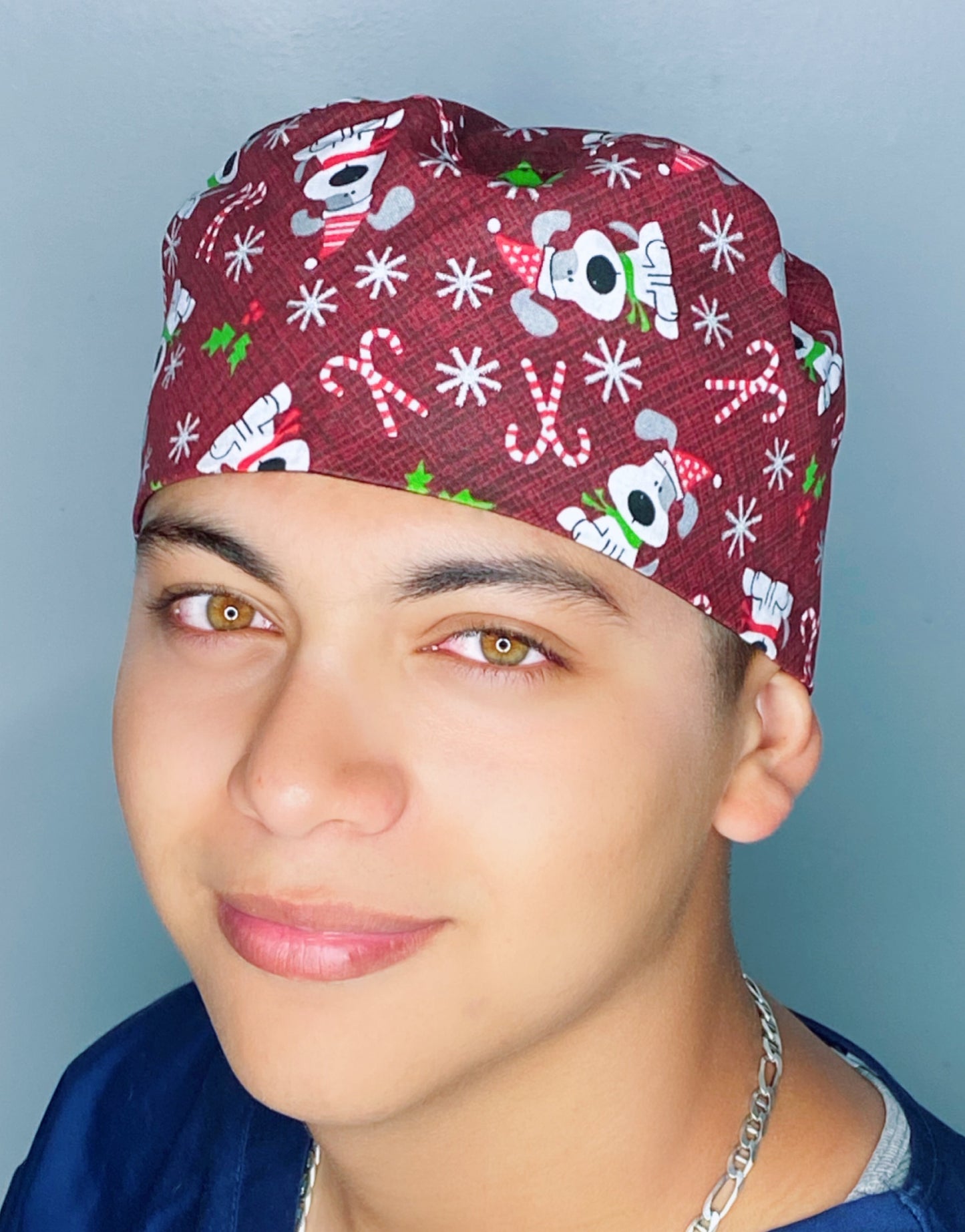 Festive Pups on Red Christmas/Winter themed Unisex Holiday Scrub Cap