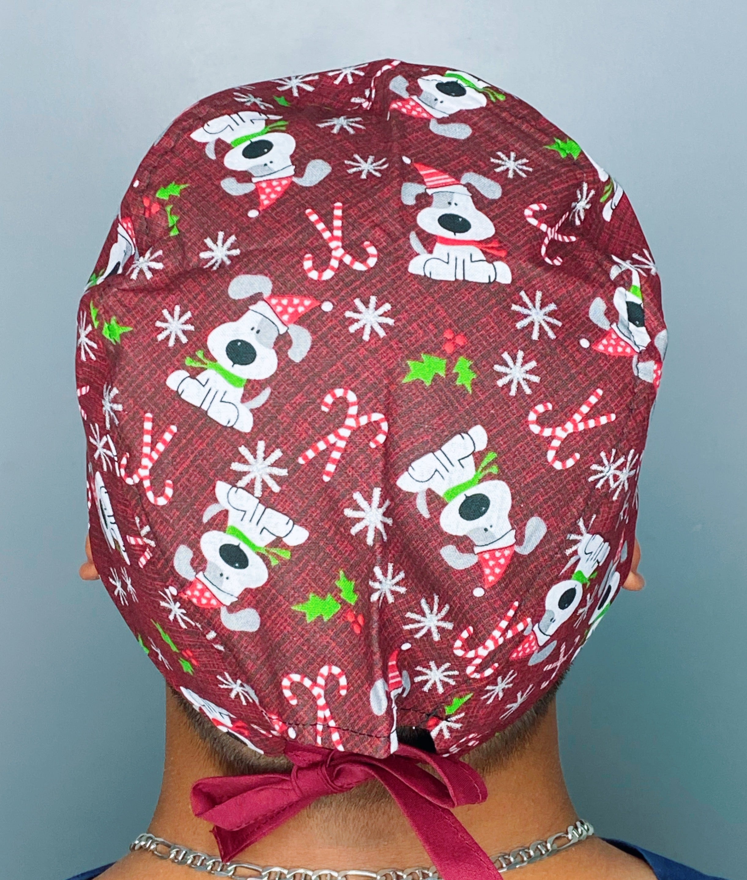 Festive Pups on Red Christmas/Winter themed Unisex Holiday Scrub Cap
