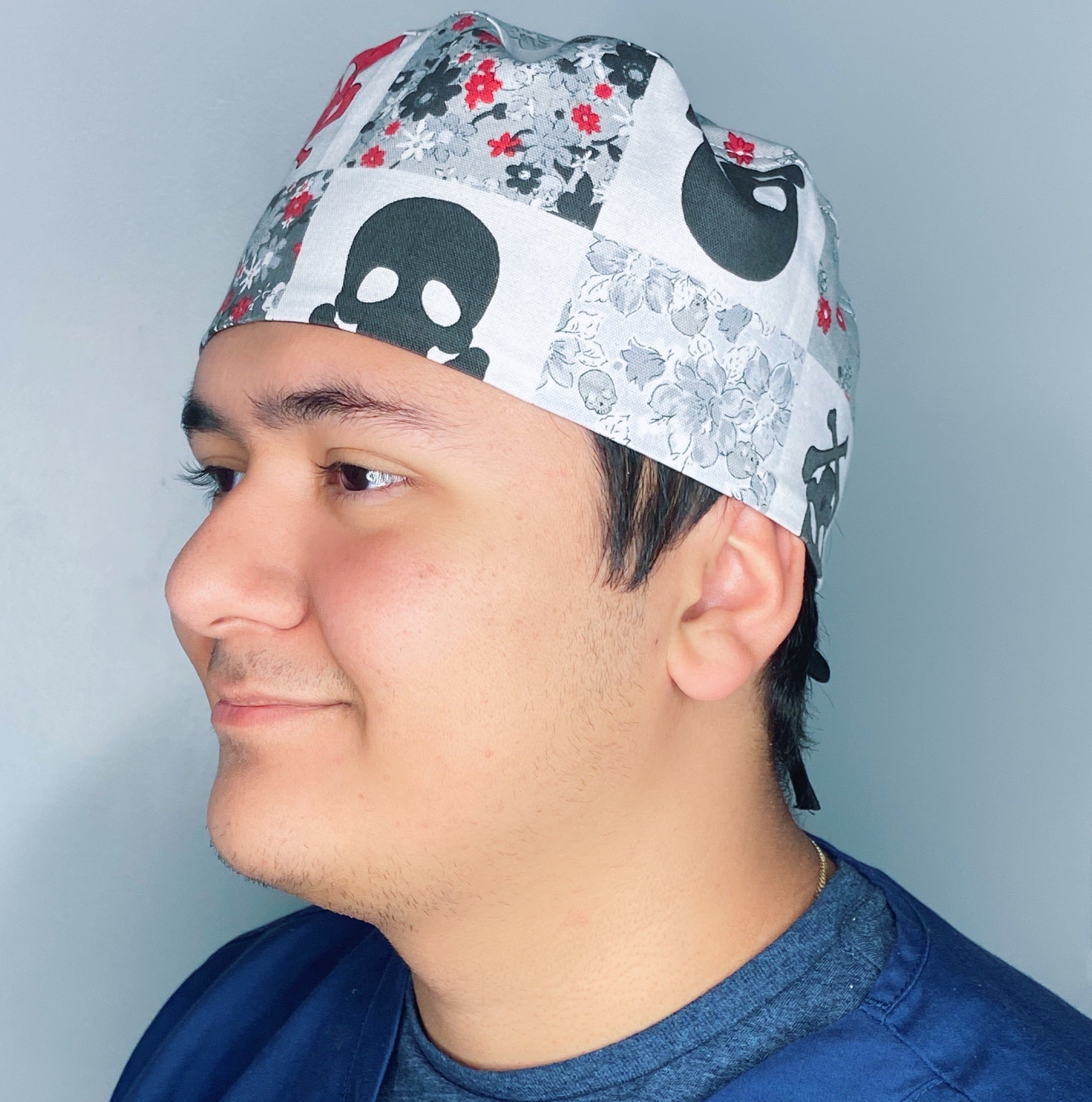 Grey Skulls & Flowers Halloween Unisex Holiday Scrub Cap