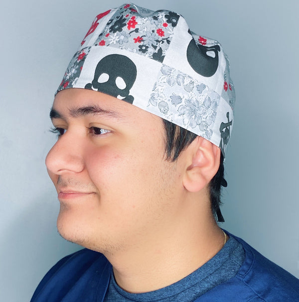 Grey Skulls & Flowers Halloween Unisex Holiday Scrub Cap