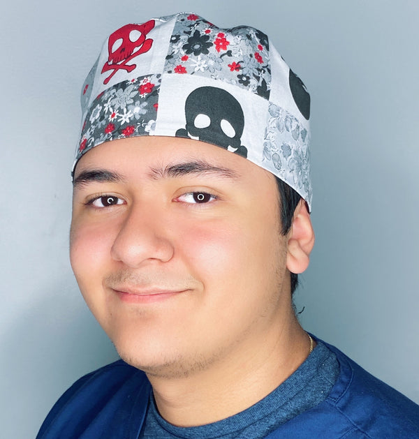 Grey Skulls & Flowers Halloween Unisex Holiday Scrub Cap