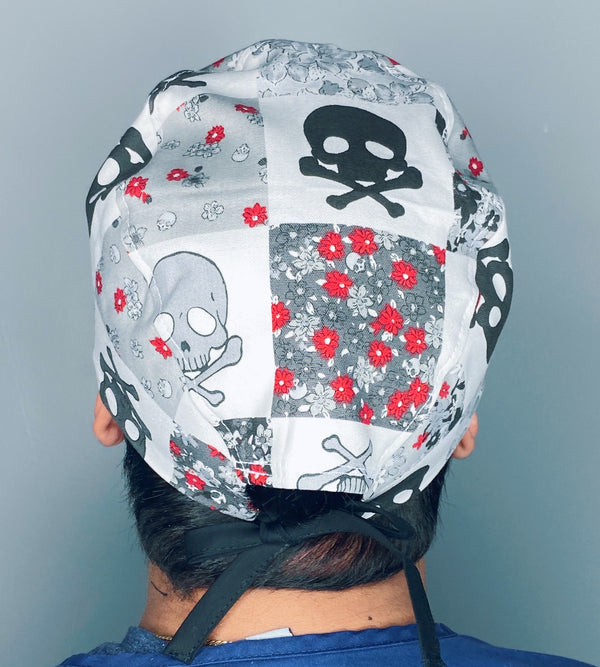 Grey Skulls & Flowers Halloween Unisex Holiday Scrub Cap