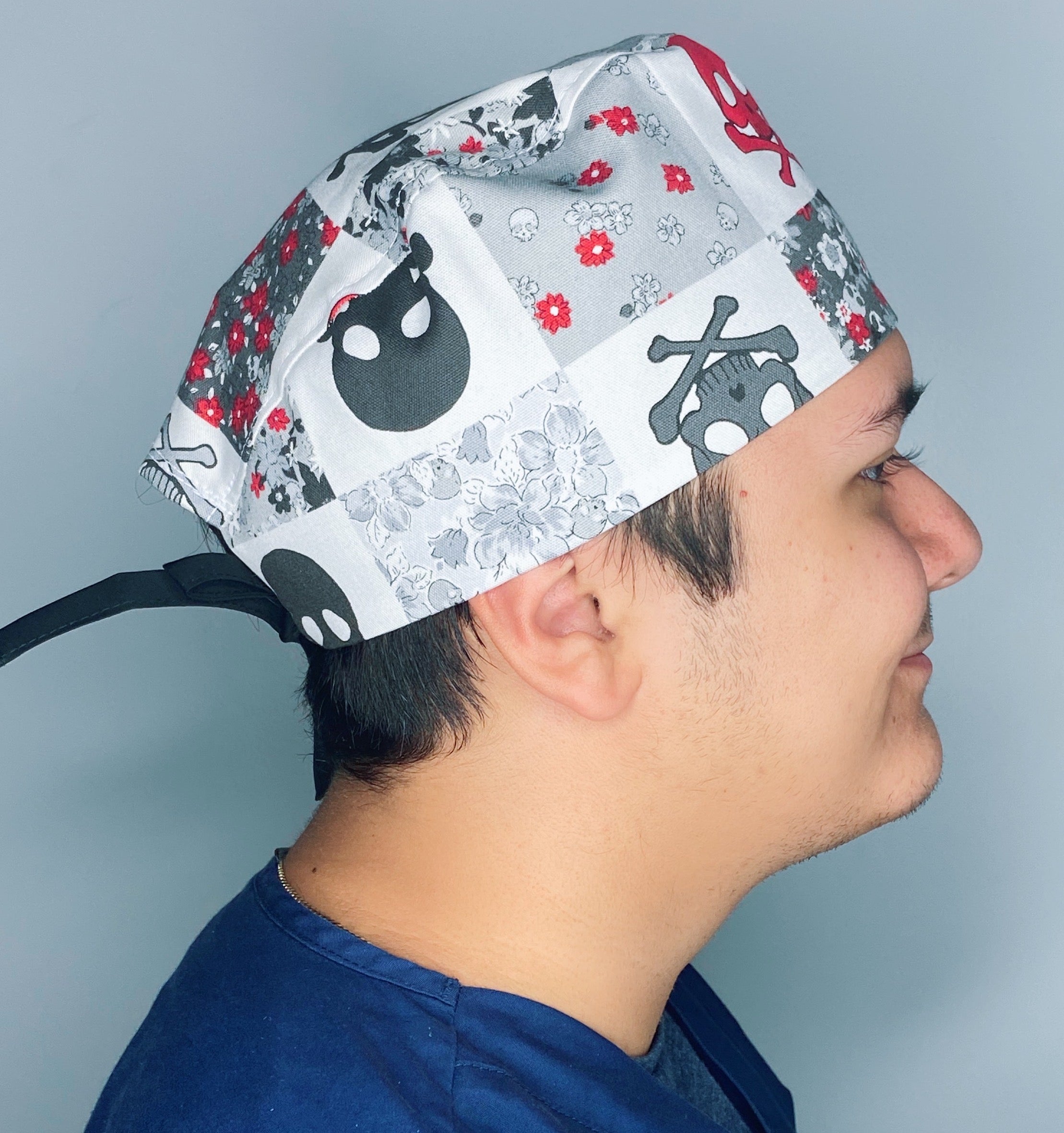 Grey Skulls & Flowers Halloween Unisex Holiday Scrub Cap