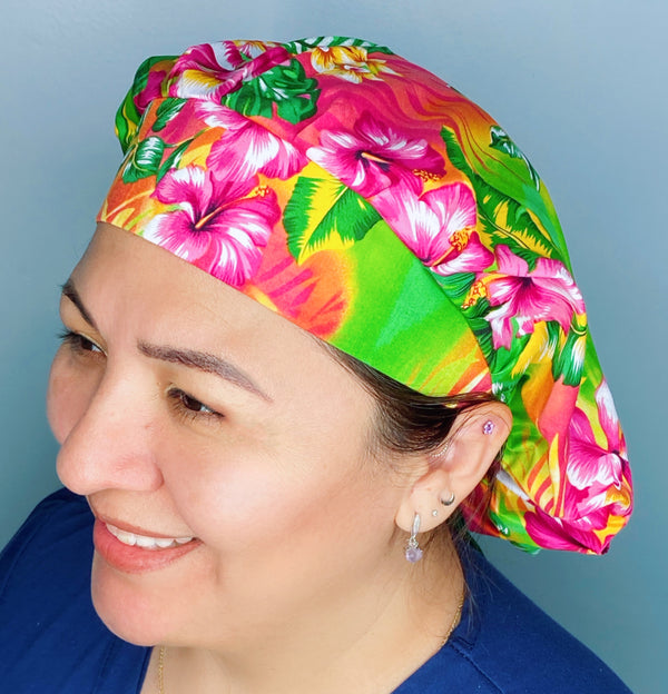 Green & Pink Hibiscus Hawaiian Flower Design Floral Themed Bouffant