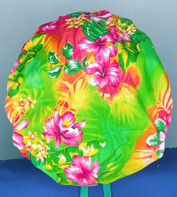 Green & Pink Hibiscus Hawaiian Flower Design Floral Themed Bouffant