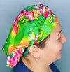 Green & Pink Hibiscus Hawaiian Flower Design Floral Themed Bouffant