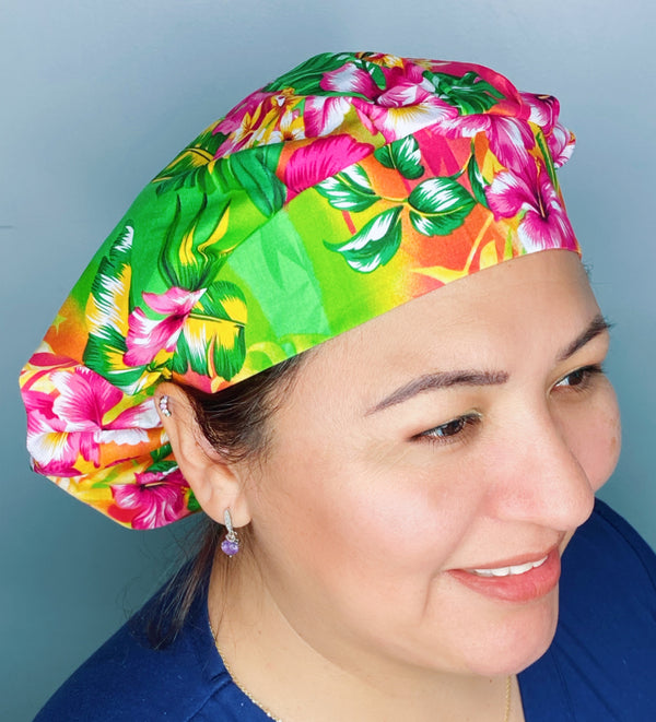 Green & Pink Hibiscus Hawaiian Flower Design Floral Themed Bouffant