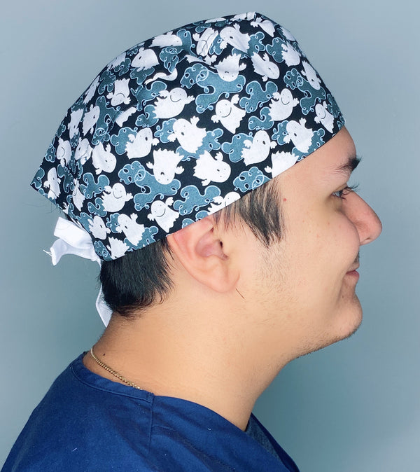 Cute Ghosts on Black Halloween Unisex Holiday Scrub Cap