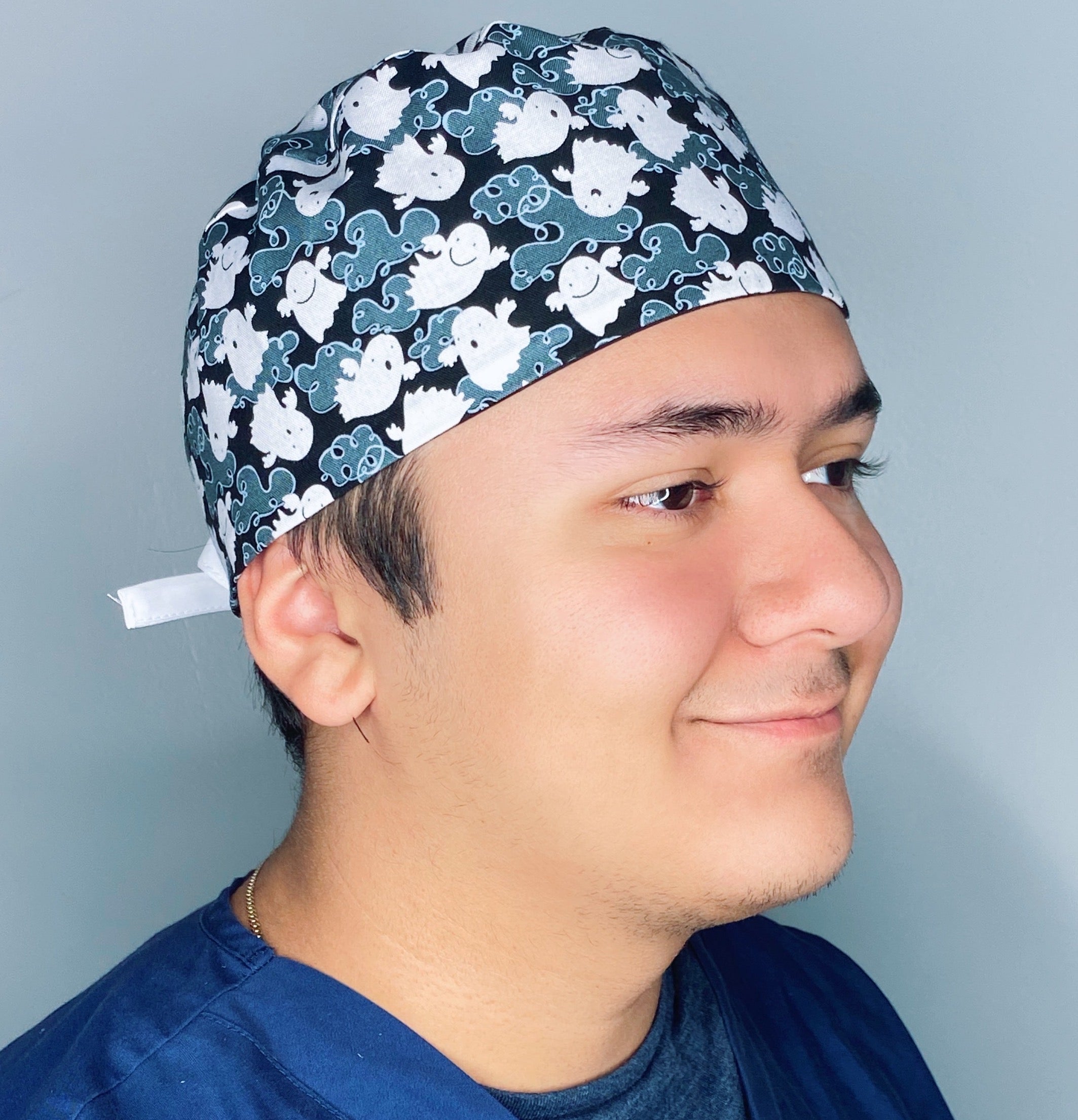 Cute Ghosts on Black Halloween Unisex Holiday Scrub Cap