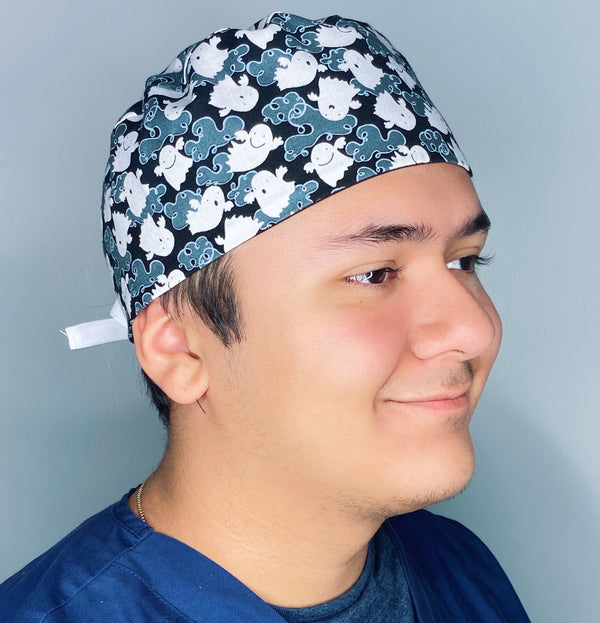 Cute Ghosts on Black Halloween Unisex Holiday Scrub Cap