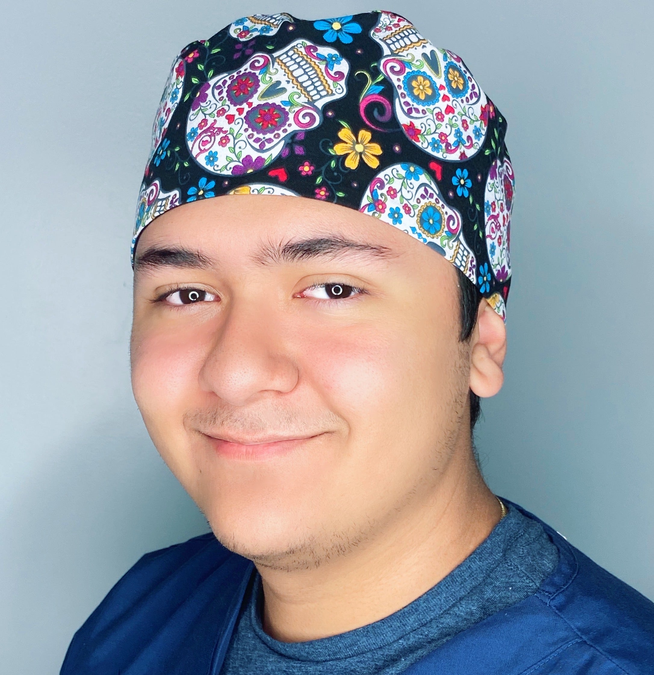 Colorful Mexican Sugar Skulls on Black Cinco de Mayo Unisex Holiday Scrub Cap