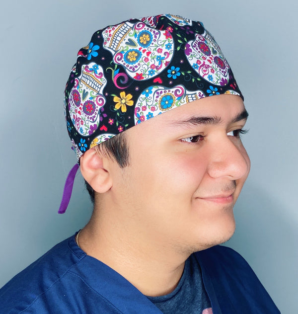 Colorful Mexican Sugar Skulls on Black Cinco de Mayo Unisex Holiday Scrub Cap