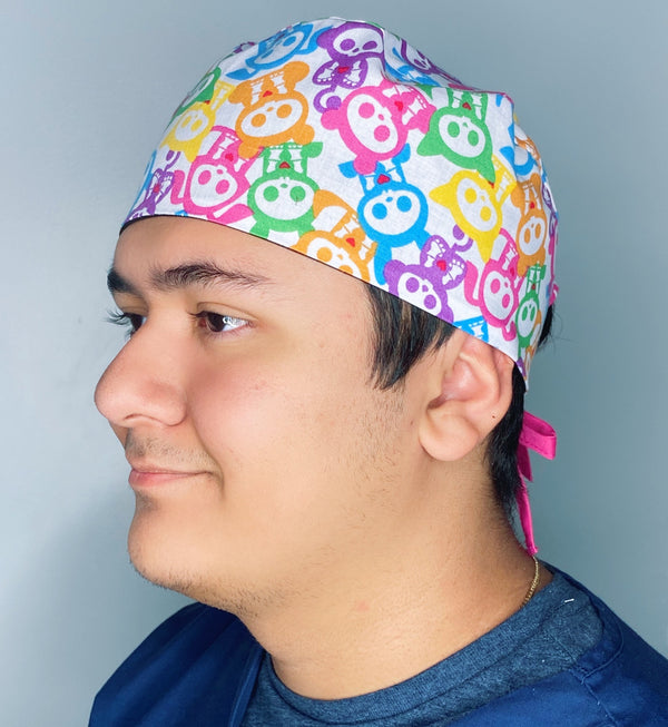 Cute Colorful Animals Skelanimals White Design Halloween Unisex Holiday Scrub Cap