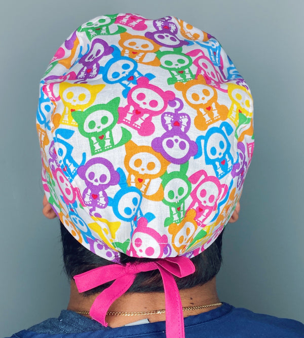 Cute Colorful Animals Skelanimals White Design Halloween Unisex Holiday Scrub Cap