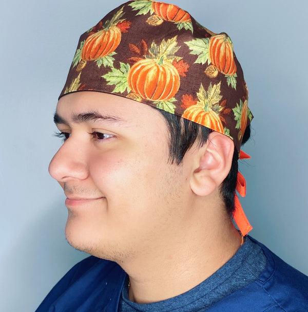 Fall Leaves & Pumpkins Thanksgiving themed Unisex Holiday Scrub Cap