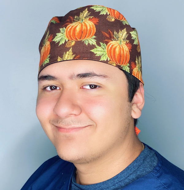 Fall Leaves & Pumpkins Thanksgiving themed Unisex Holiday Scrub Cap