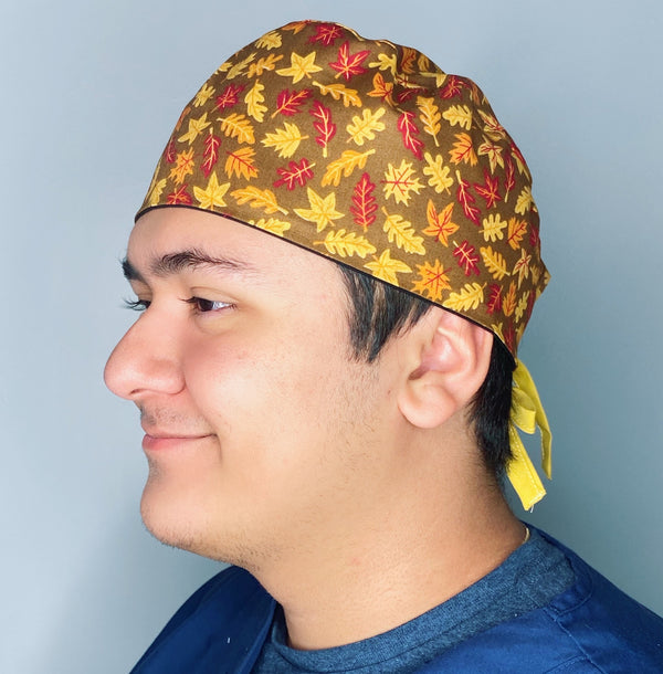 Fall Leaves on Brown Thanksgiving themed Unisex Holiday Scrub Cap