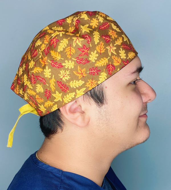 Fall Leaves on Brown Thanksgiving themed Unisex Holiday Scrub Cap