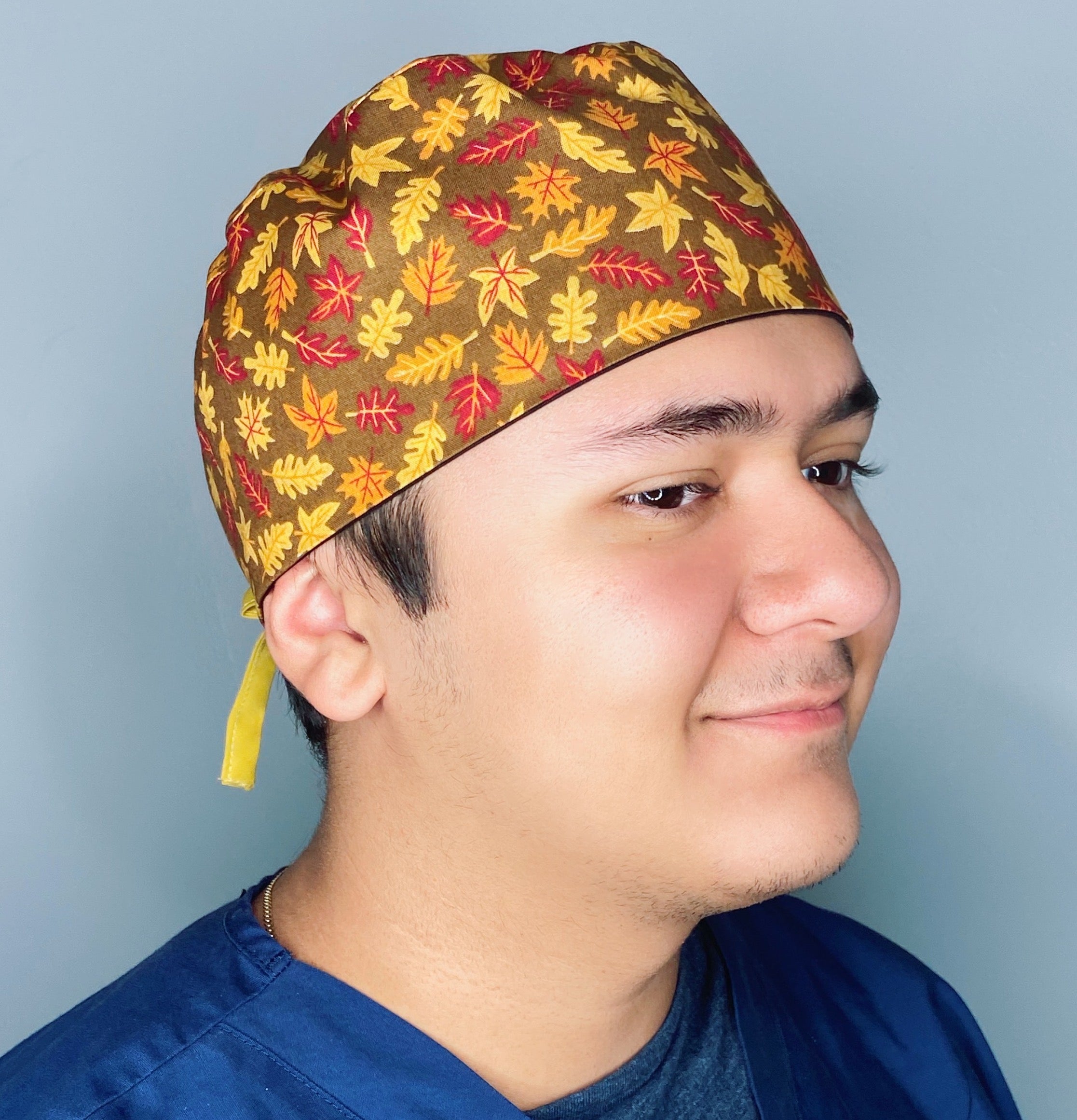 Fall Leaves on Brown Thanksgiving themed Unisex Holiday Scrub Cap
