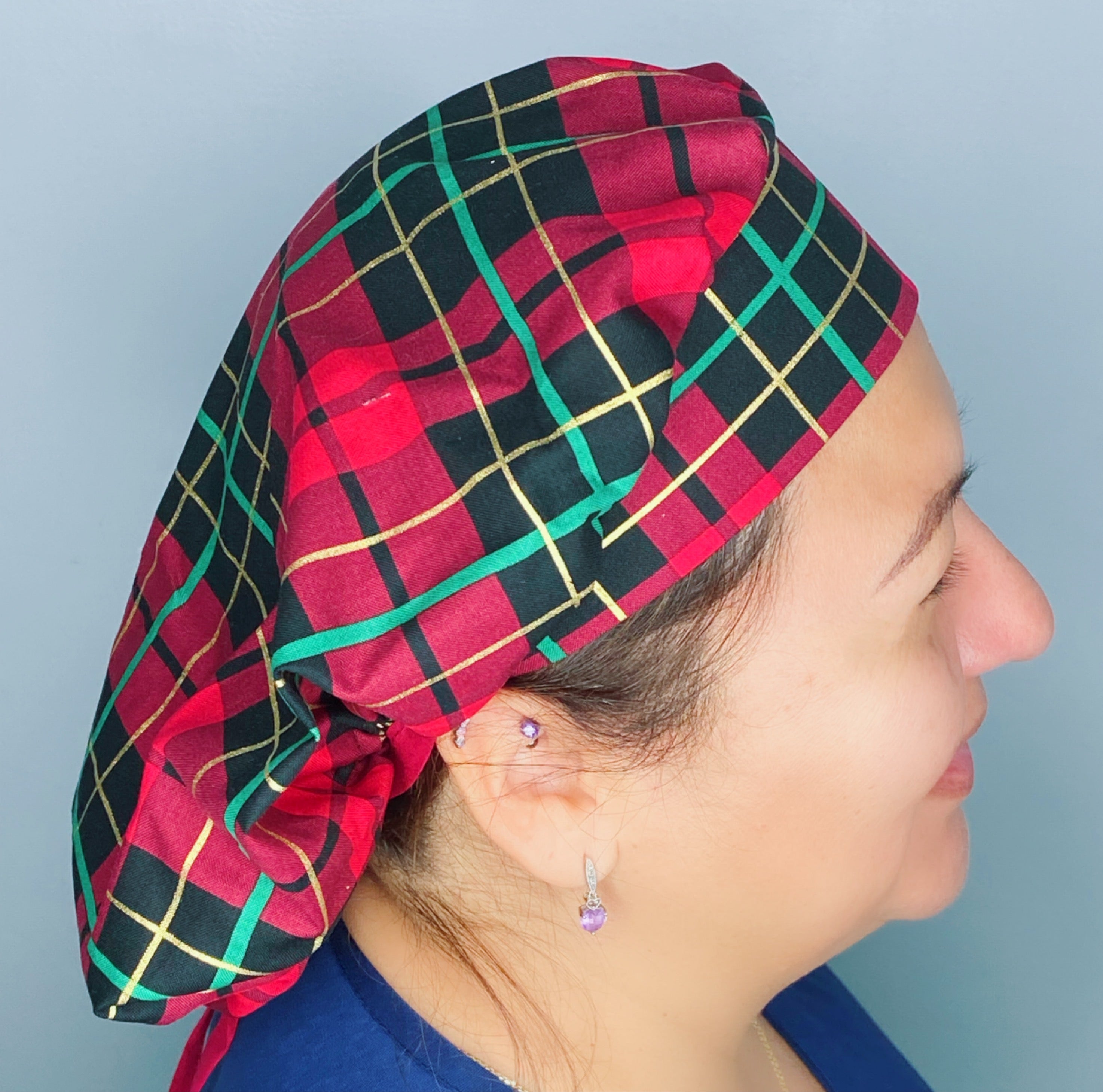 Red, Green & Gold Plaid Design Winter/Christmas Holiday Themed Bouffant