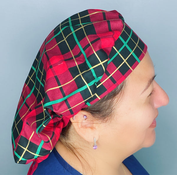 Red, Green & Gold Plaid Design Winter/Christmas Holiday Themed Bouffant