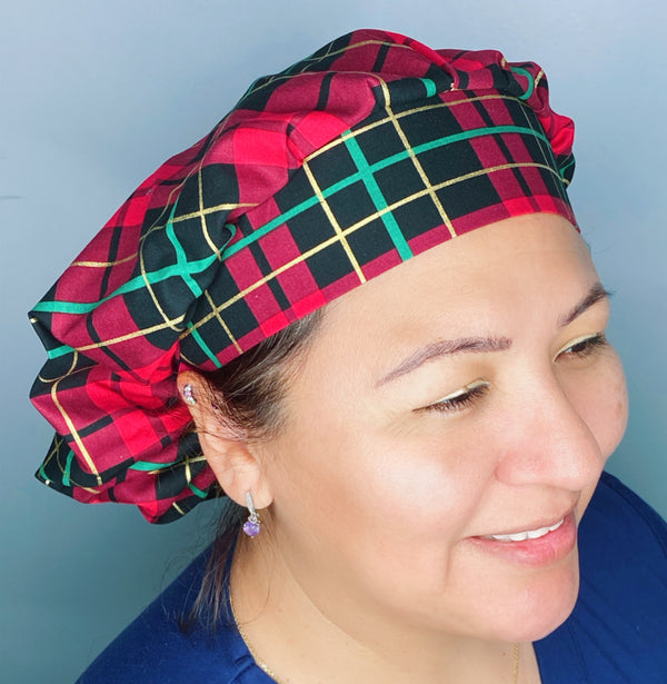 Red, Green & Gold Plaid Design Winter/Christmas Holiday Themed Bouffant