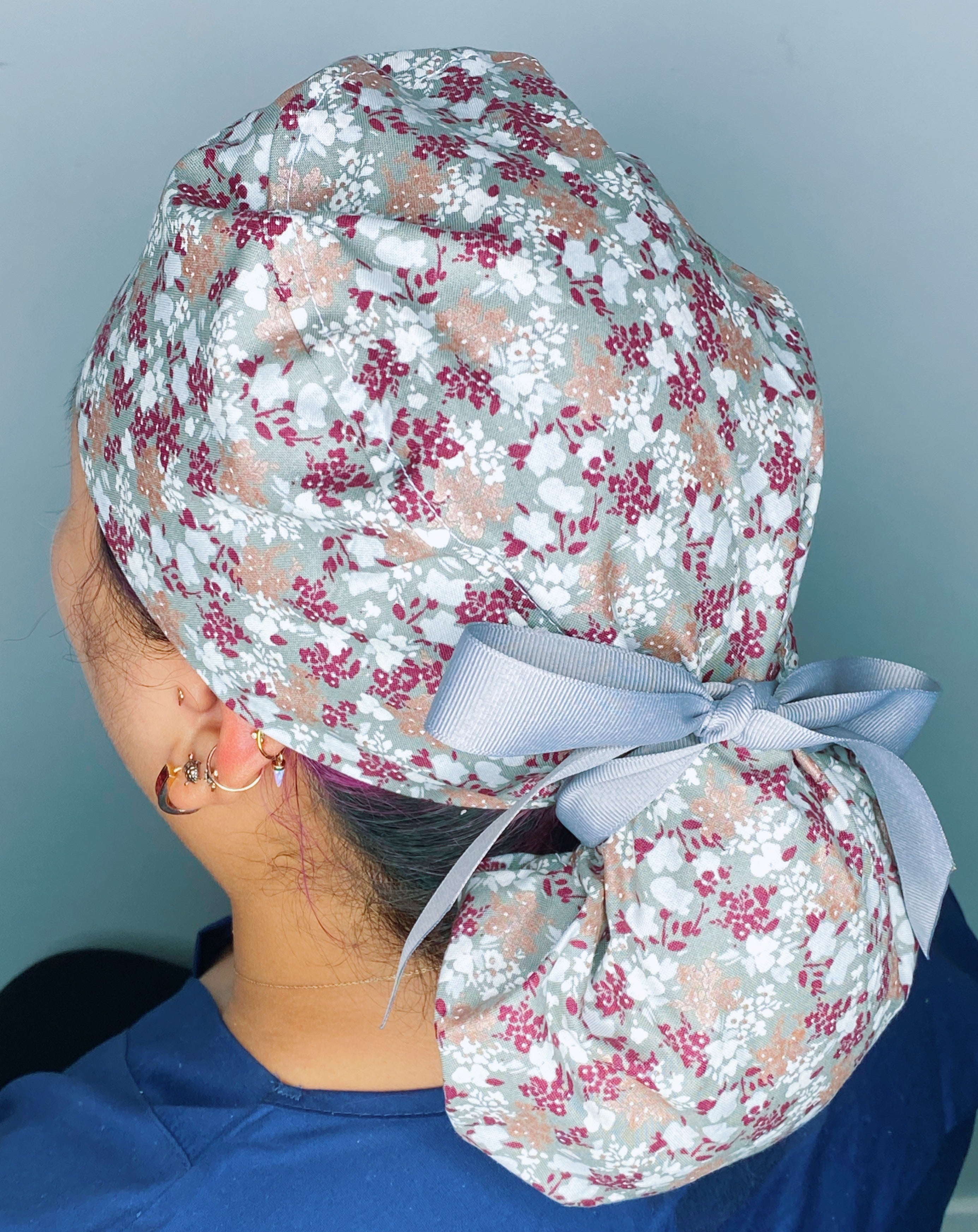 Small Burgundy Metallic Flowers on Grey Floral Ponytail