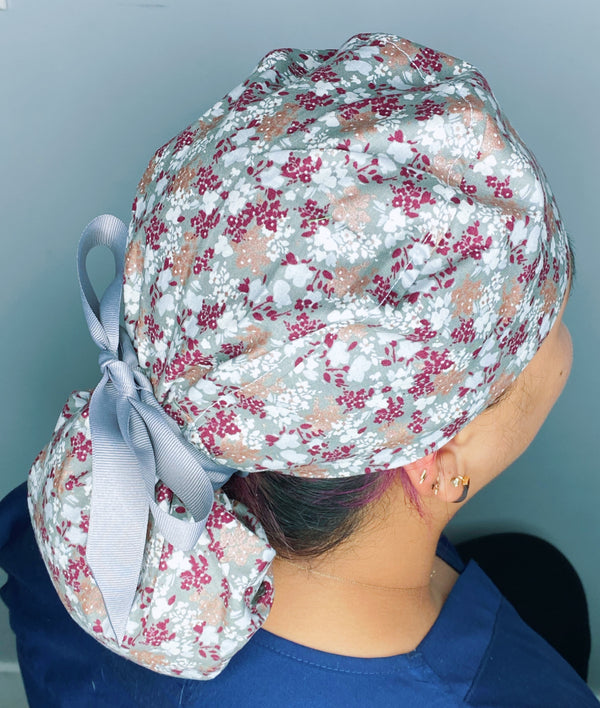 Small Burgundy Metallic Flowers on Grey Floral Ponytail