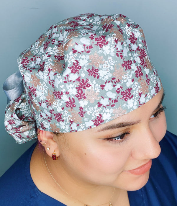 Small Burgundy Metallic Flowers on Grey Floral Ponytail