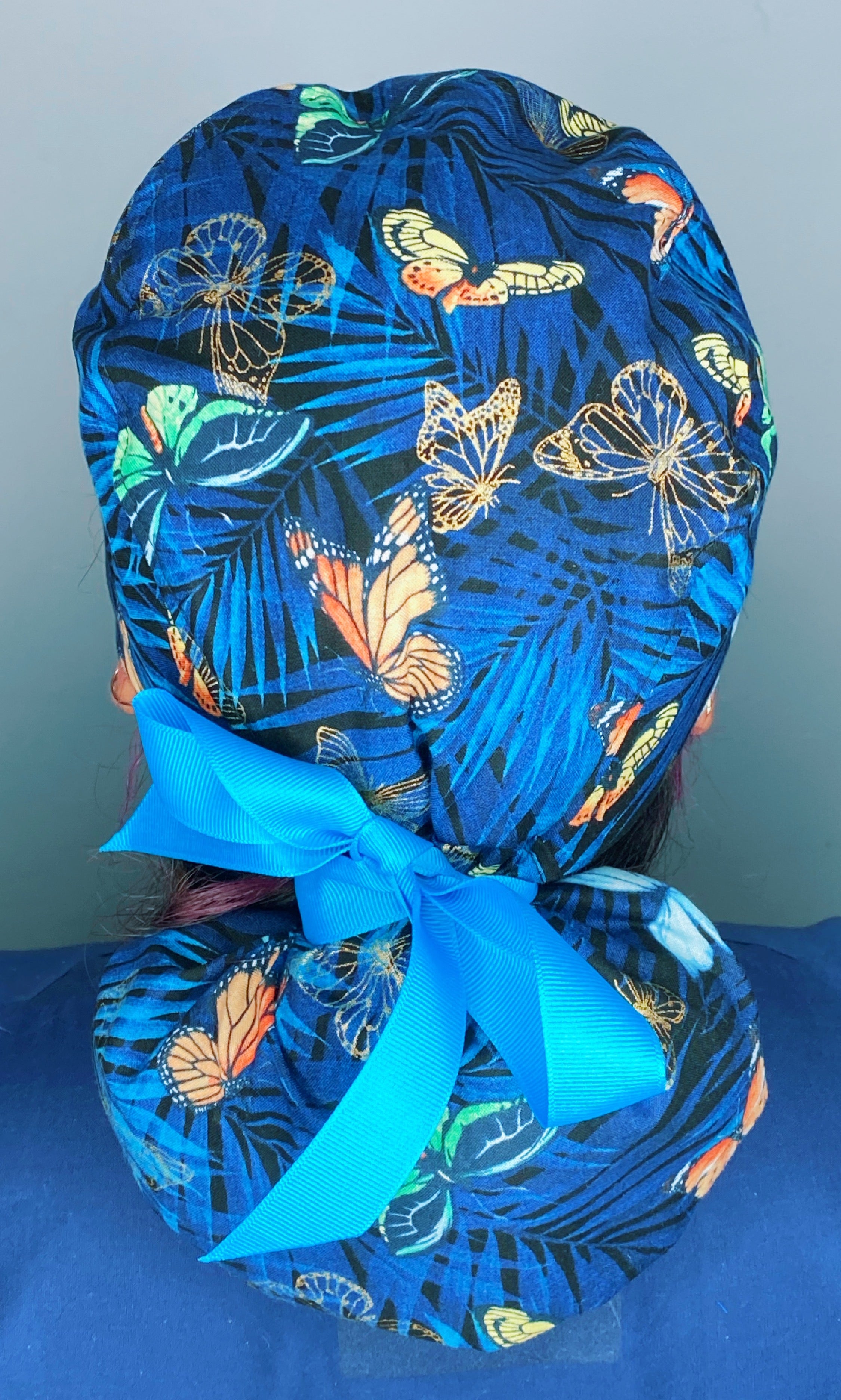 Metallic Colorful Butterflies on Tropical Navy Blue Animal Ponytail