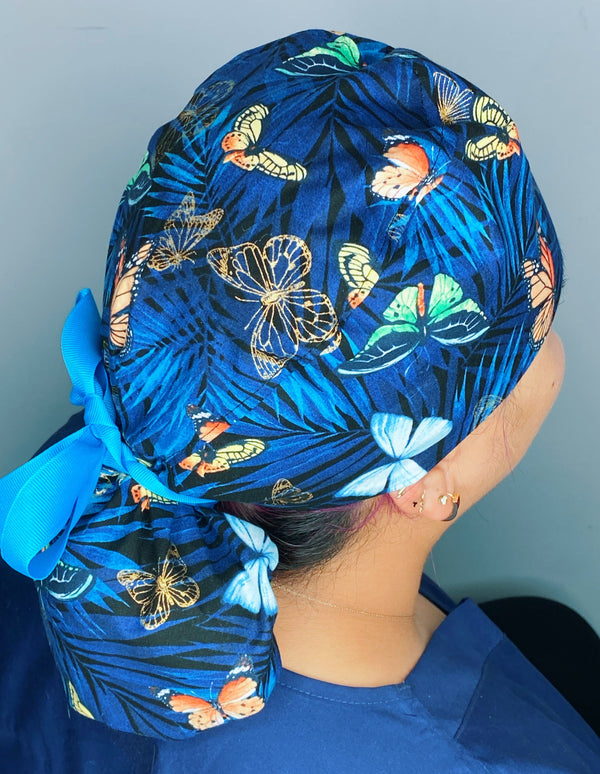 Metallic Colorful Butterflies on Tropical Navy Blue Animal Ponytail